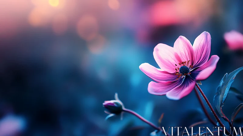 Pink Cosmos Flower in Soft Focus Blue Ambiance with Bokeh