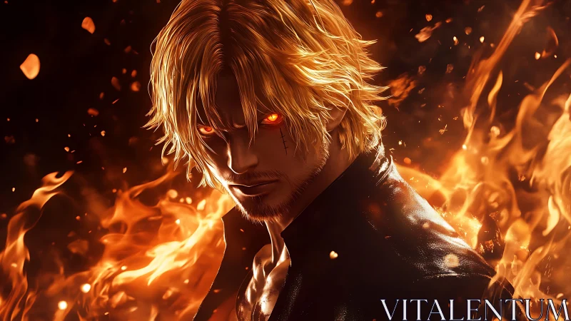 Fiery anime warrior stands defiant amid swirling flames