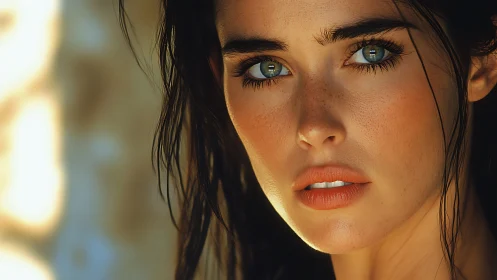 Sunlit blue-eyed gaze framed by windswept shadowed hair.