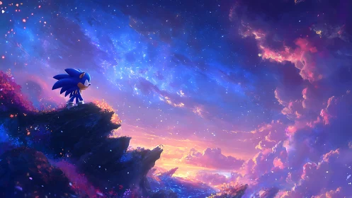 Cel-shaded Sonic silhouette against highly saturated nebula sky