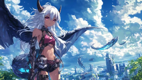 Winged horned girl watches sky serpents soar above city