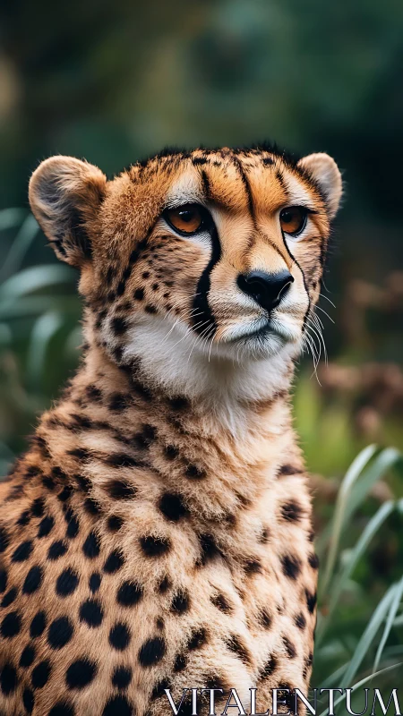 Calm cheetah gazes ahead in lush, softly blurred habitat