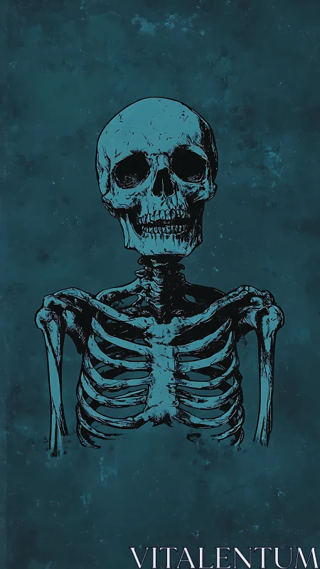 Gentle skeleton study against a moody teal night backdrop.