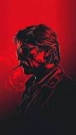 Neon red vector portrait of smoking man in profile view.