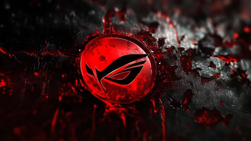Futuristic red and black ROG logo in dramatic digital art style.