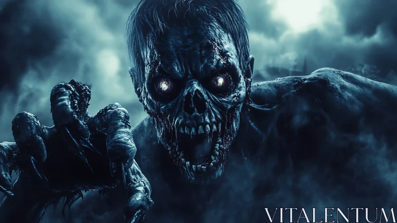 Undead horror creature lunges through eerie blue fog.