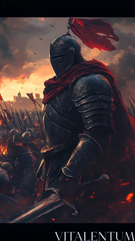 Armored vanguard knight in ember-lit battlefield panorama.