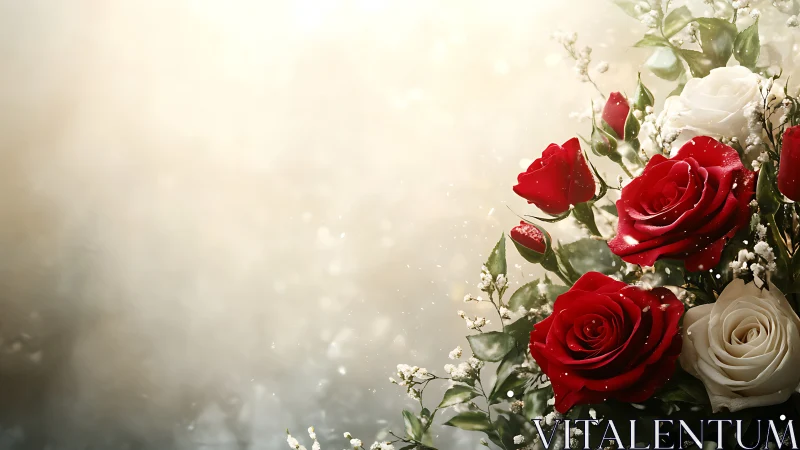 Red and Ivory Roses Against Luminous Bokeh Background.