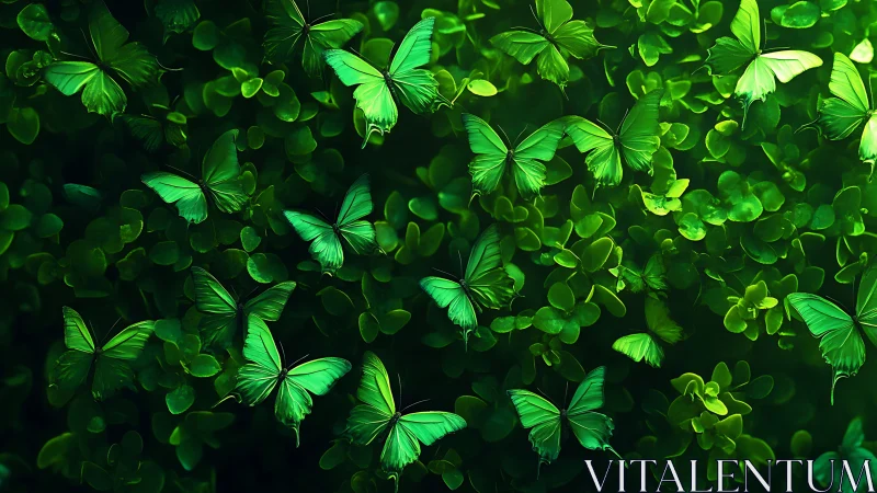 Emerald butterflies drift above glowing clover leaves at dusk.