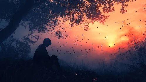 Silhouetted figure contemplates under trees at bi-chromatic dusk