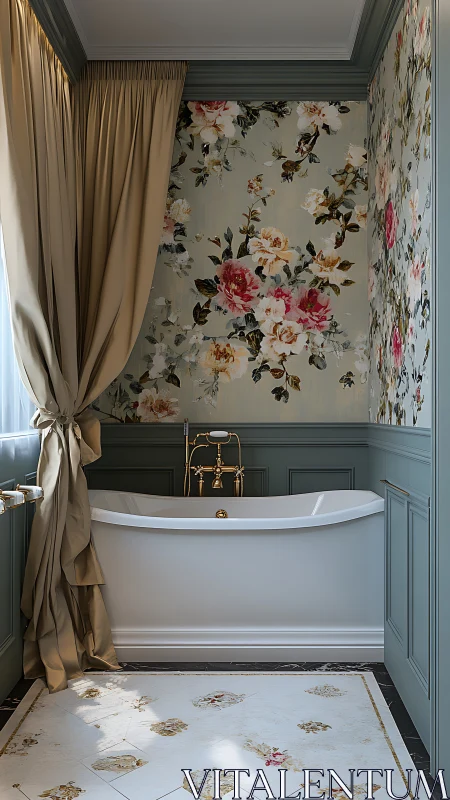 Floral-patterned classic bathtub alcove with paneled wainscoting and brass fixtures