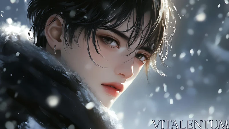 Soft-lit snow portrait shows hyper-detailed anime face rendering