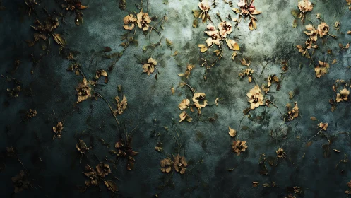 Floral ghosts drift across weathered teal in burnished relief