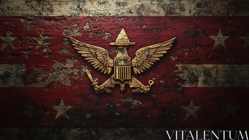 Golden military crest over weathered American flag texture.
