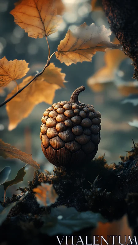 Cinematic macro render of sculpted fantasy acorn form.