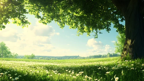 Sunlit meadow dreams beneath an old whispering oak tree.