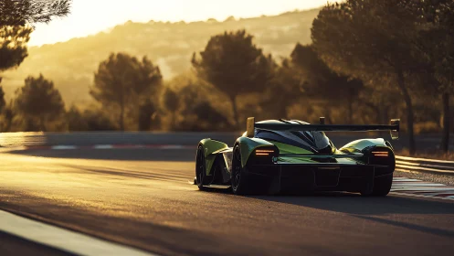 Sunlit race car glides through a golden evening track