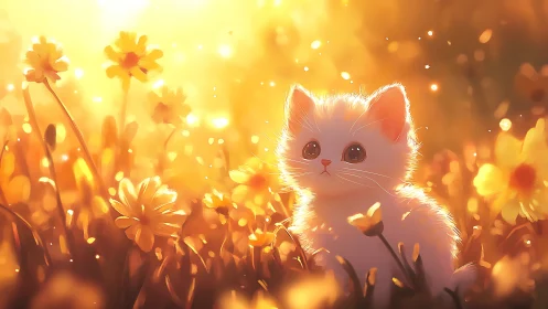 Glowing meadow kitten under dreamy golden sunset light.