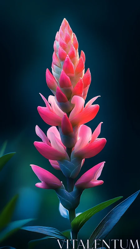 Tropical Flower Spike with Gradient Pink Petals Against Deep Teal Background