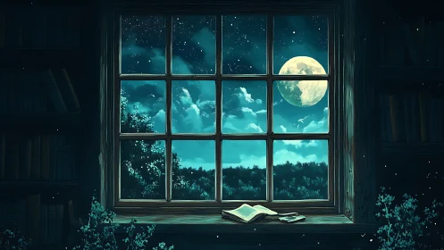 Moonlit library window quietly turns the sky into a story