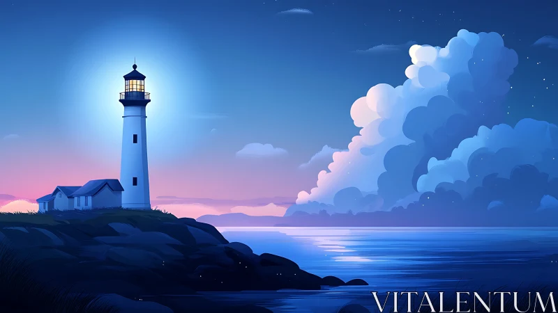 Lighthouse structure positioned on coastal rocky terrain during twilight.