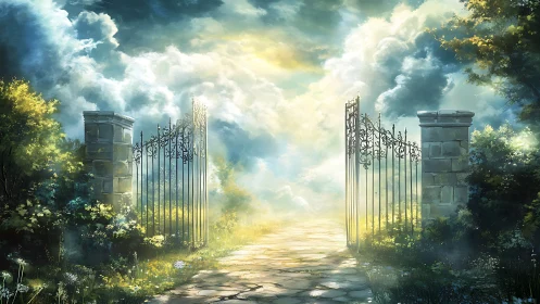 Sunlit wrought iron garden gate opening to ethereal path