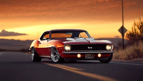 Muscle car silhouette on desert highway at cinematic sunset.