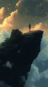 Solitary human silhouette surveys star-filled sky from aerial cliff