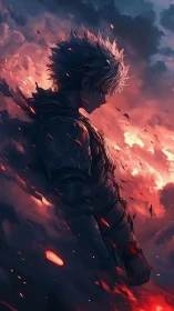 Silhouetted warrior dissolves into embers against incendiary sky