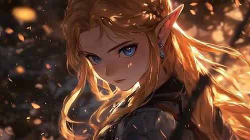 Autumn-lit elf warrior gazes back through swirling embers.