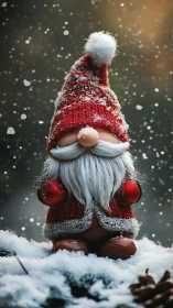 Whimsical Christmas gnome rests in softly falling snow
