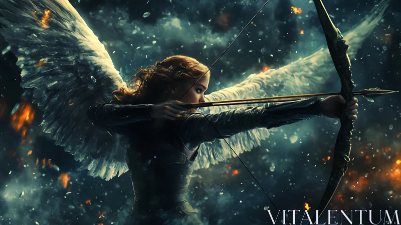 Winged archer holds steady in a storm of glowing embers