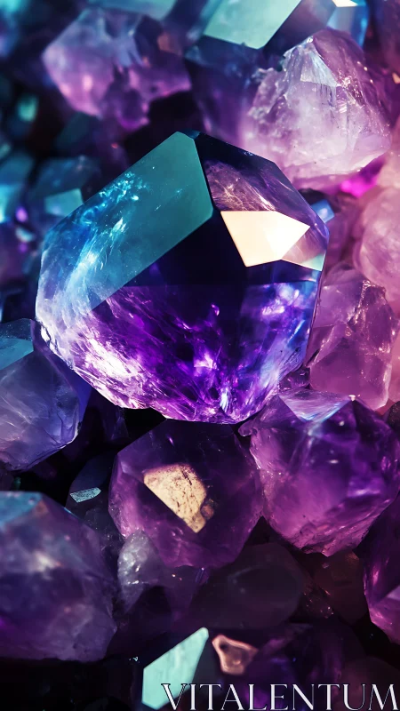 Prismatic amethyst cluster rendered with macro cinematic lighting
