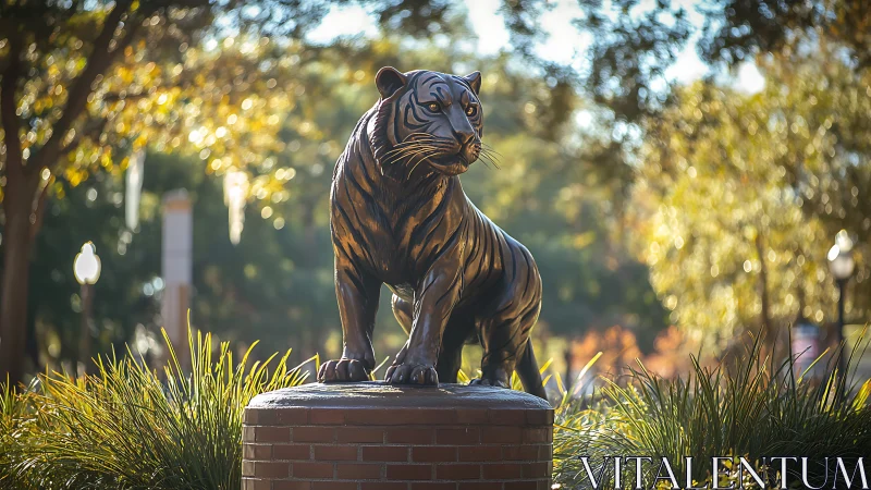 Bronze tiger statue stands proudly in a sunlit campus garden.
