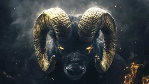 Demonic ram portrait with glowing eyes and smoking horns.