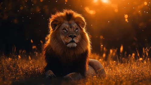 Golden sunset lion resting calmly in glowing savanna field.