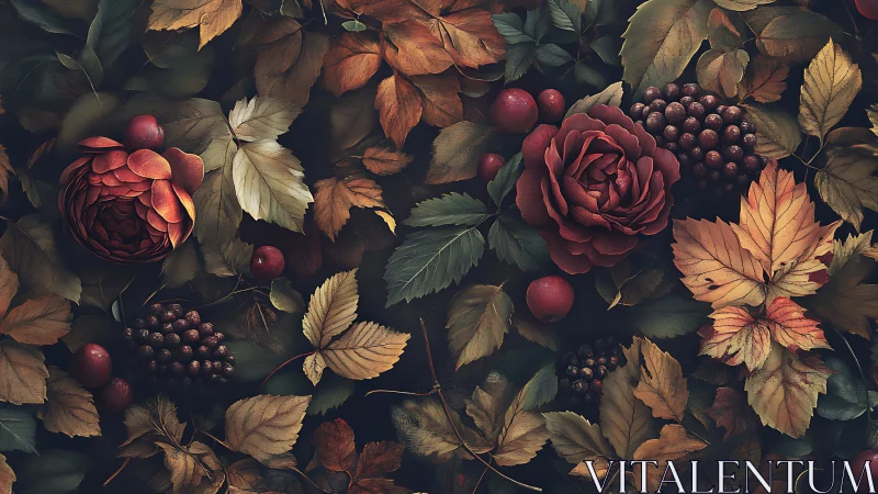 Autumn foliage with red roses and clustered berries arrangement.