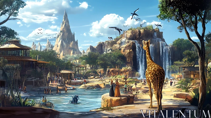 Panoramic wildlife sanctuary with waterfalls, giraffe and flying reptiles