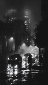Foggy city street glows under wet asphalt reflections.
