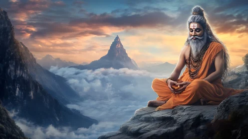 Skyline sage in saffron robes guarding a mountain dawn.