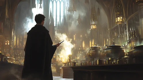 Young cloaked figure in vast gothic potion laboratory.