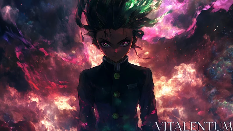 Intense anime boy framed by nebular energy clouds and spectral light