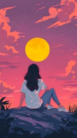 Backlit observer under oversized moon in chromatic dusk field.