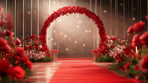 Red floral ceremony archway with axial symmetry and depth.