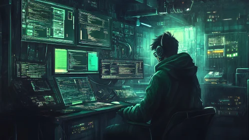 Solitary hacker in neon server bunker monitors code flows.