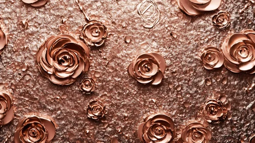Metallic rose relief pattern with droplets on textured surface.
