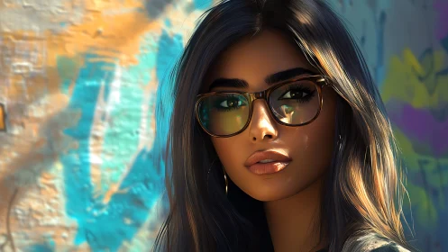 Digital portrait of woman with glasses by graffiti wall.