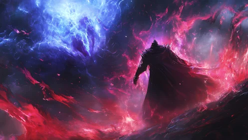 Solitary cloaked figure before contrasting cosmic energies.