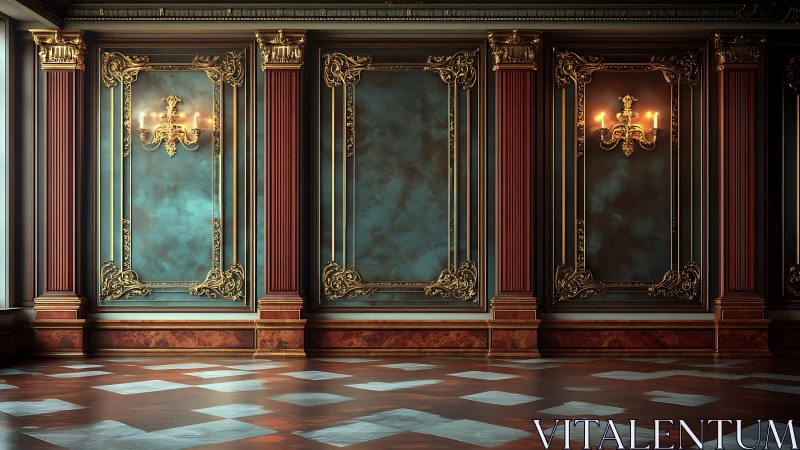 Opulent neoclassical hall glows with gilded wall sconces