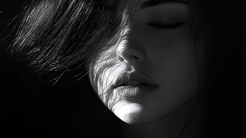 Whispered light carves a dreaming face from velvet shadow.